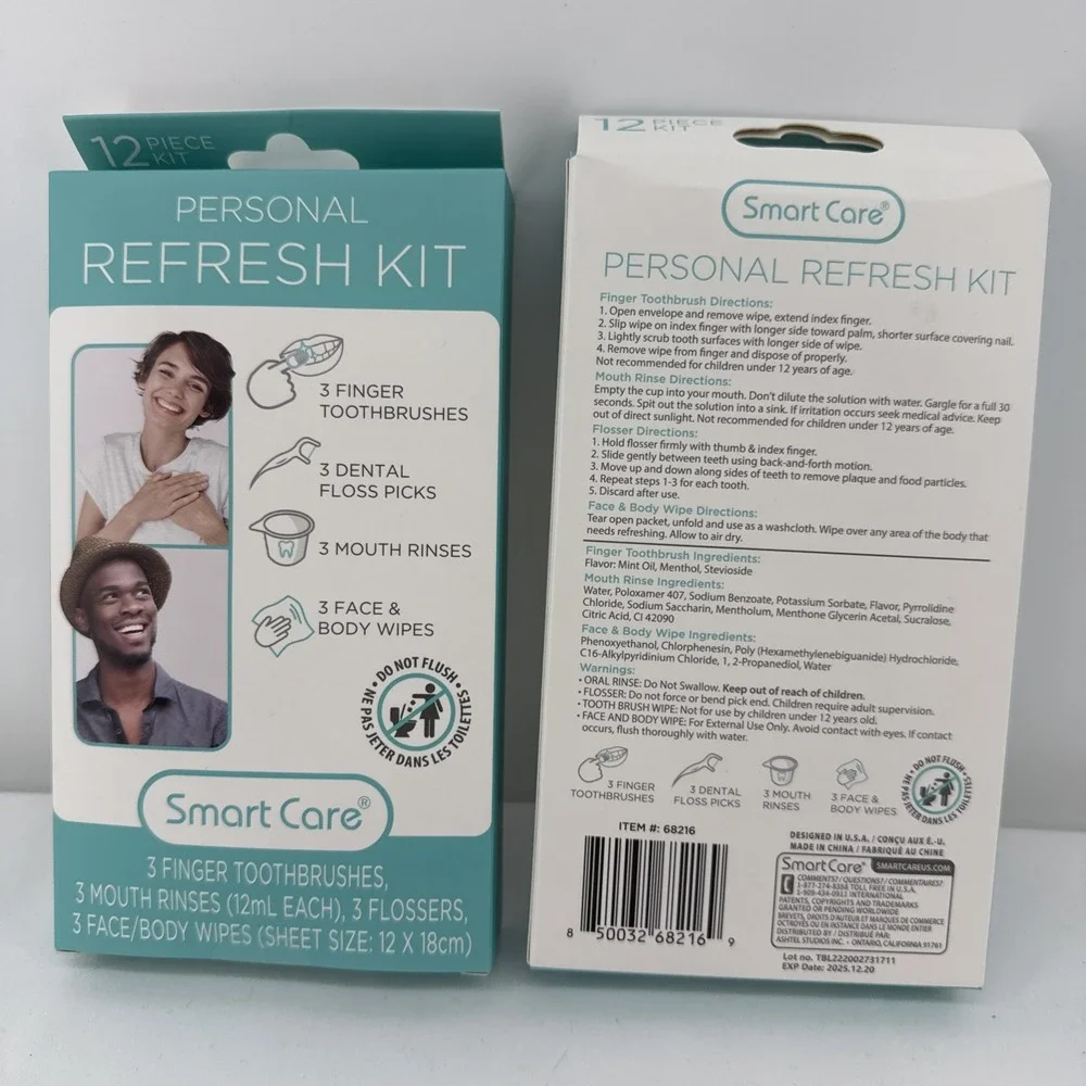 Smart Care Personal Refresh 12pc Kit Finger Toothbrush Mouthwash Face Wipe 12/25